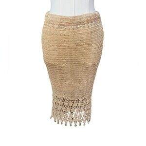 Handmade tan and gold Crochet beaded Midi low rise Skirt - Beach / Resort / S